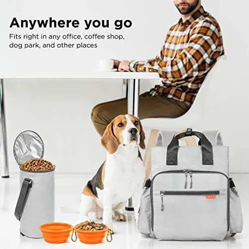 ARCA PET Travel Bag for Cat & Dog Backpack - Store All Dog Stuff & Puppy Supplies - Includes 1 Dog Travel Bag, 1 Large Dog Food Travel Container, 2 Collapsible Travel Dog Bowls (Grey)