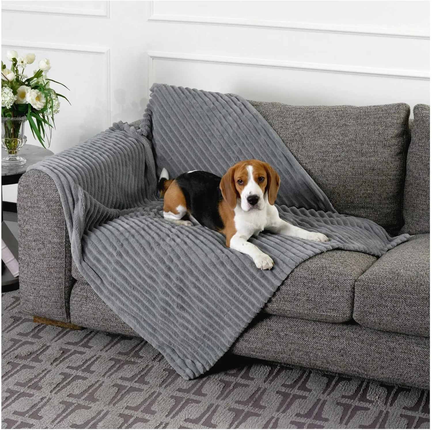 BALANCE Waterproof Blanket Natural Grey Dog Blanket for Small Dogs, Washable Double Sided Pet Blankets with Milk Plush and Super Soft Velvet, Pee Proof Calming Dog Blankets for Couch Protection