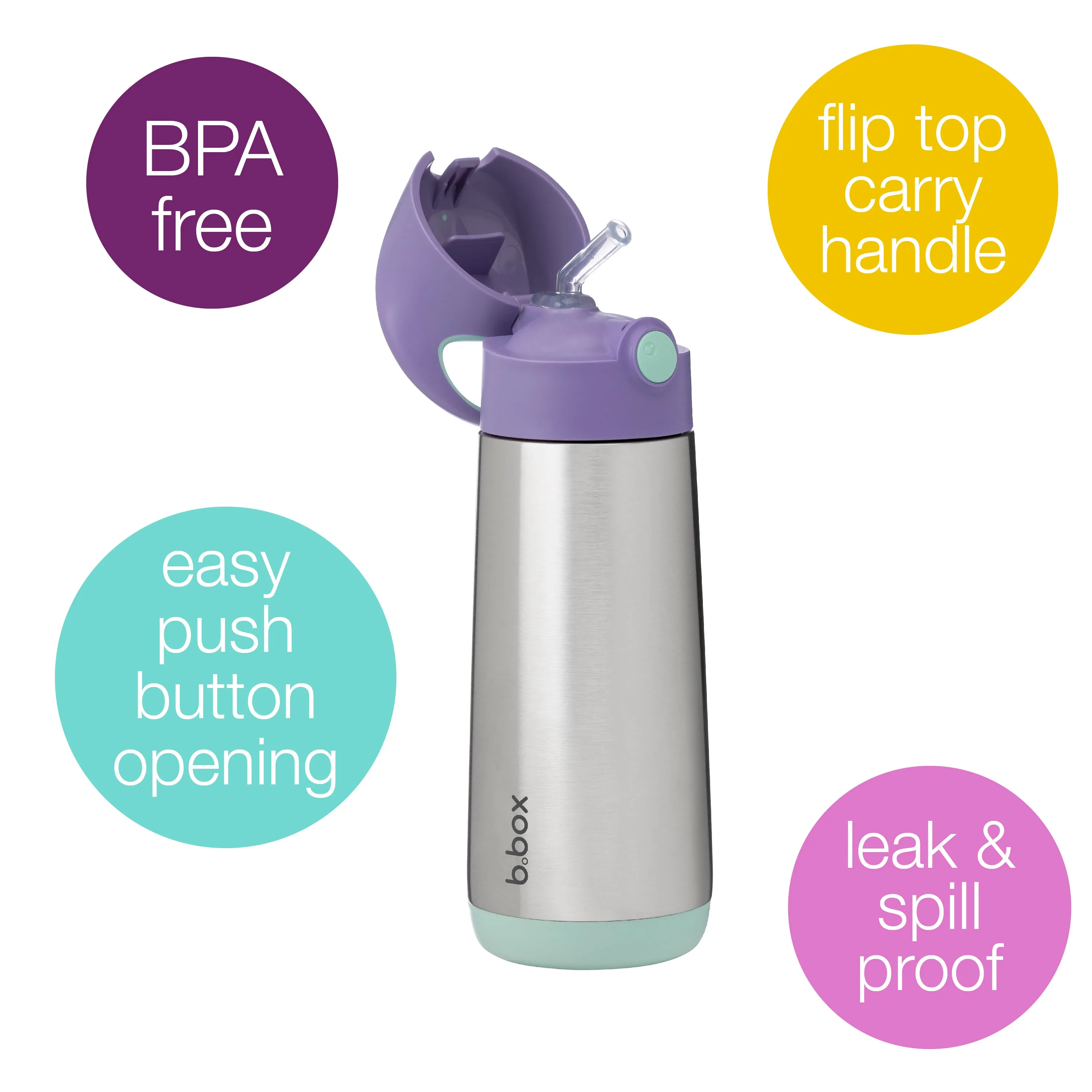 b.box Insulated Straw Sipper Drink Water Bottle 500ml Lilac Pop Purple