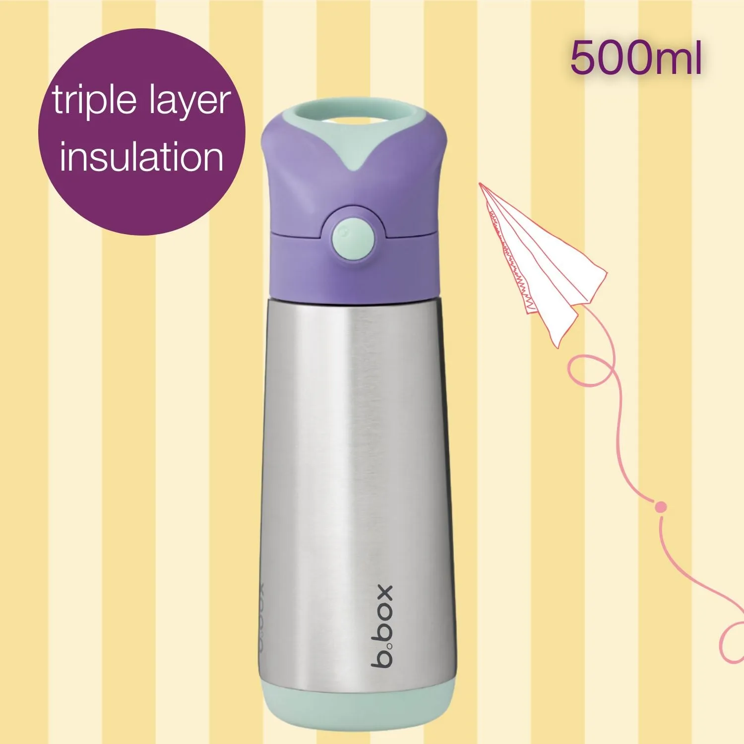b.box Insulated Straw Sipper Drink Water Bottle 500ml Lilac Pop Purple