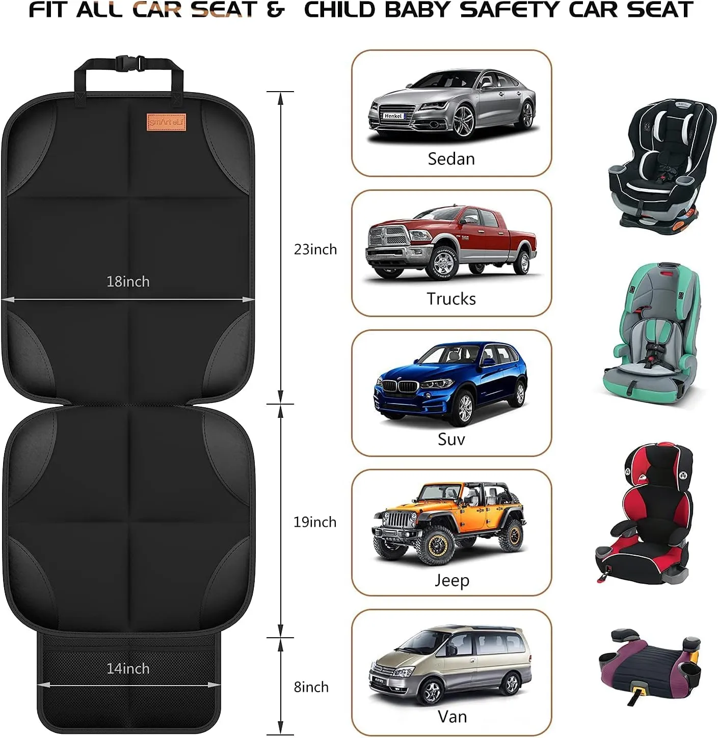 Car Seat Protector [1 Pack] Large Auto Protector for Child Seats with Thickest Padding and Non-Slip Backing Mesh Pockets for SUV, Sedan, Truck, Leather and Fabric - Black