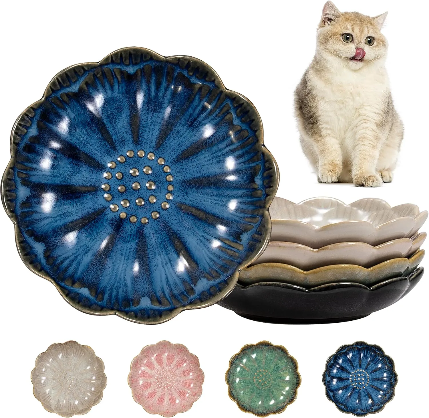 Ceramic Food Plate Set of 4, 5.5 Inch Shallow Cat Bowl Whisker Friendly, Flat Dishes for Wet Food, Microwave and Dishwasher Safe