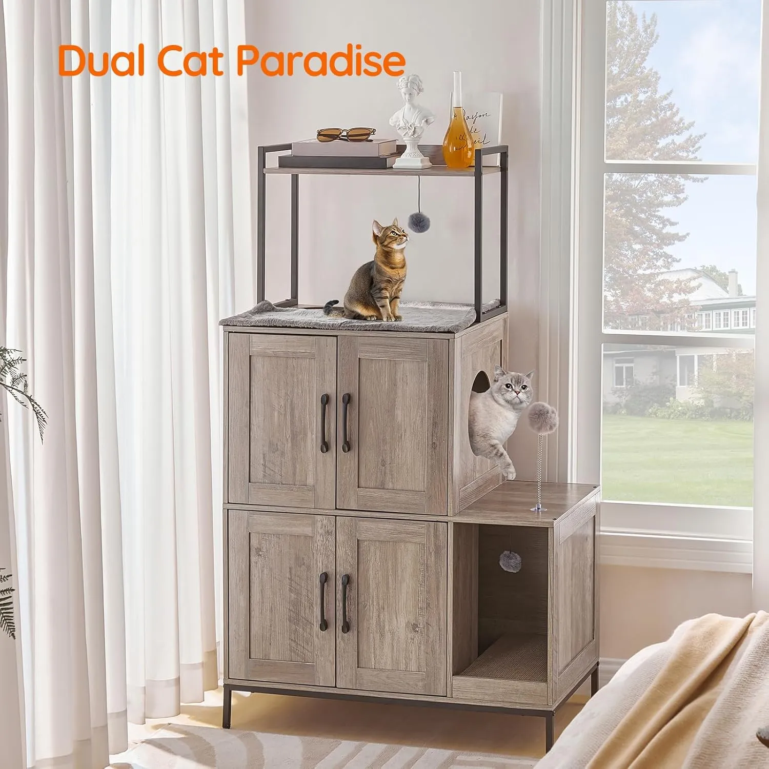 HOOBRO Cat Litter Box Enclosure Furniture, 2 in 1 Hidden Litter Box Furniture with Shelf, Double Litter Box Cabinet with 2 Dangling Plush Balls and 1 Toy Ball, Greige and Black BG78MW01