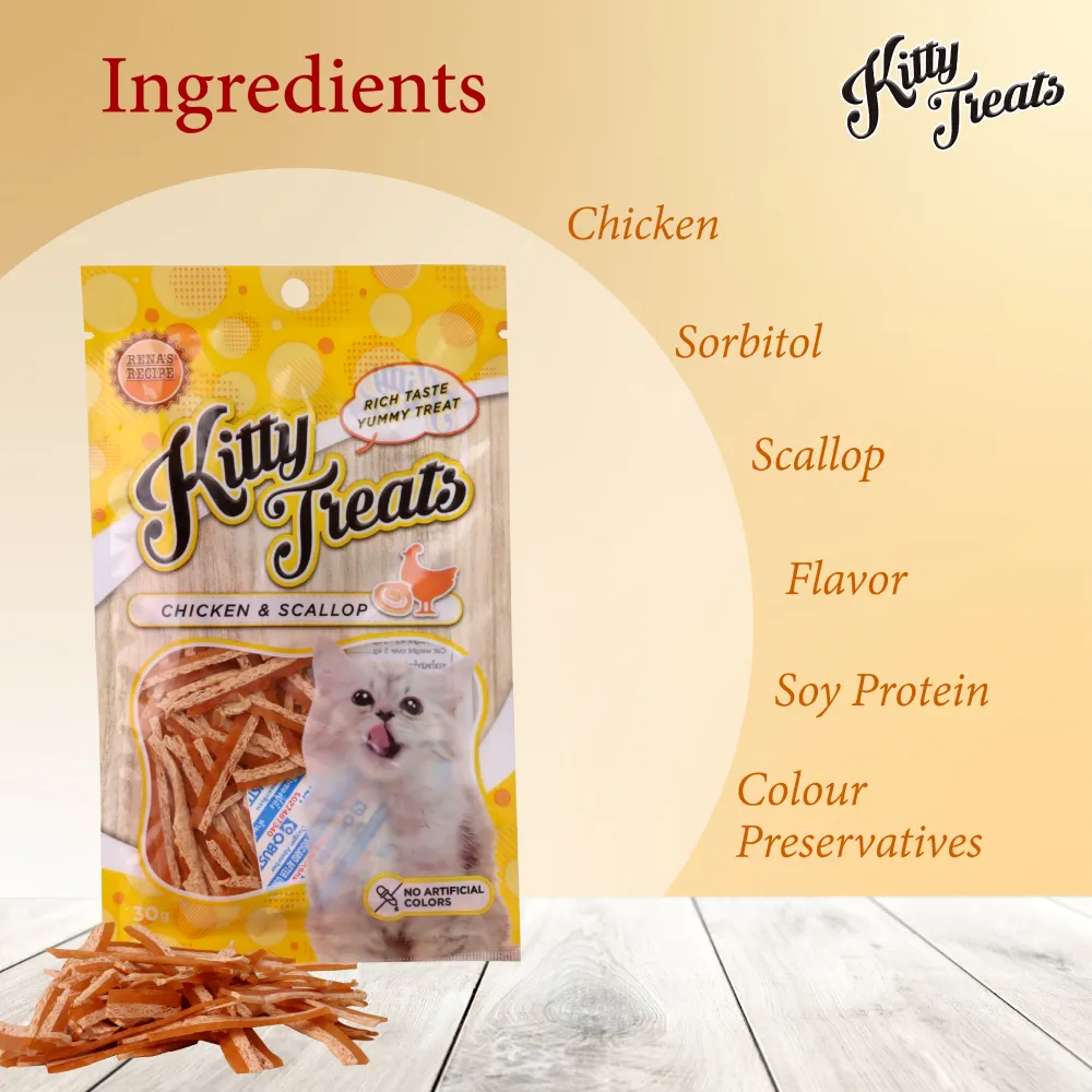 Kitty Treats Chicken with Scallop, Chicken with Shrimp Flavour and Soft Chicken Jerky Sliced Cat Treats Combo