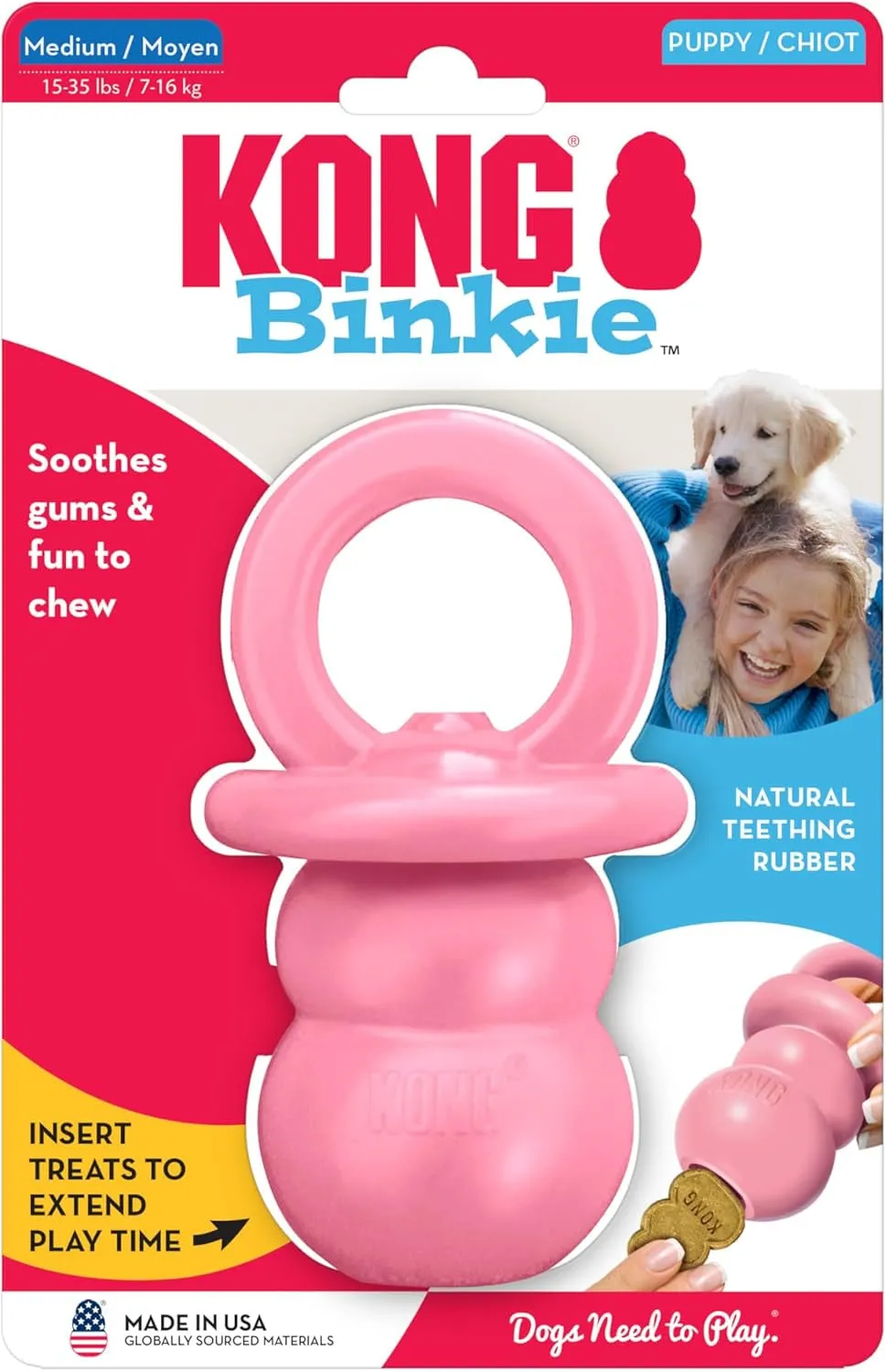 KONG Puppy Binkie - Pacifier Dog Toy for Puppies - Stuffable Chew Toy for Puppy Playtime - Durable Natural Rubber Dog Treat Toy for Teething Puppy - for Medium Puppies - Blue