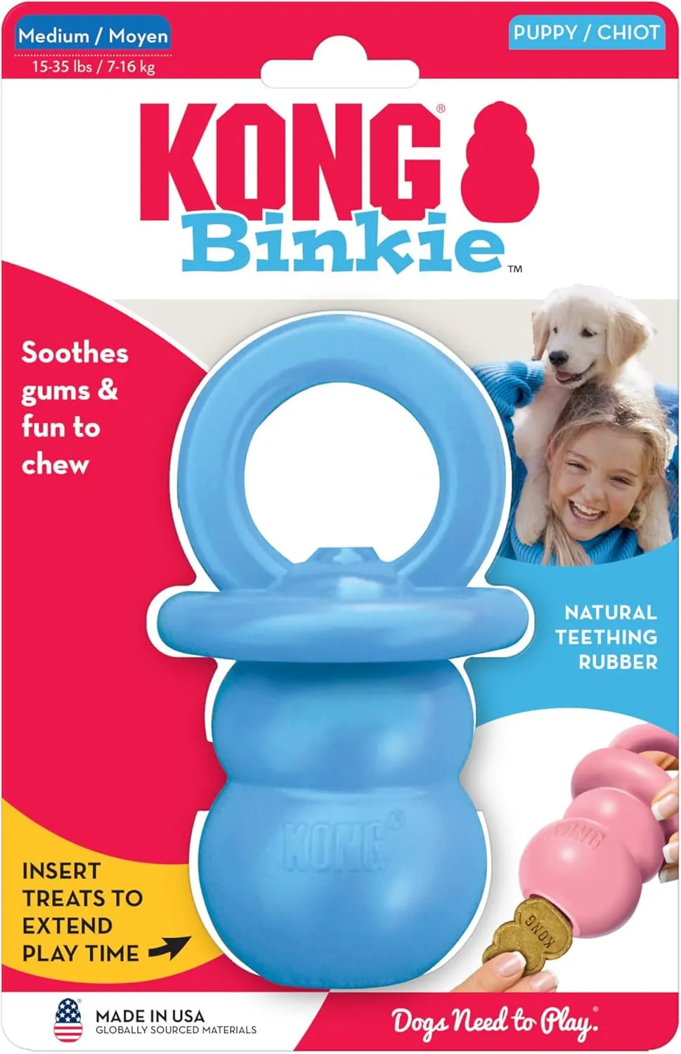 KONG Puppy Binkie - Pacifier Dog Toy for Puppies - Stuffable Chew Toy for Puppy Playtime - Durable Natural Rubber Dog Treat Toy for Teething Puppy - for Medium Puppies - Blue