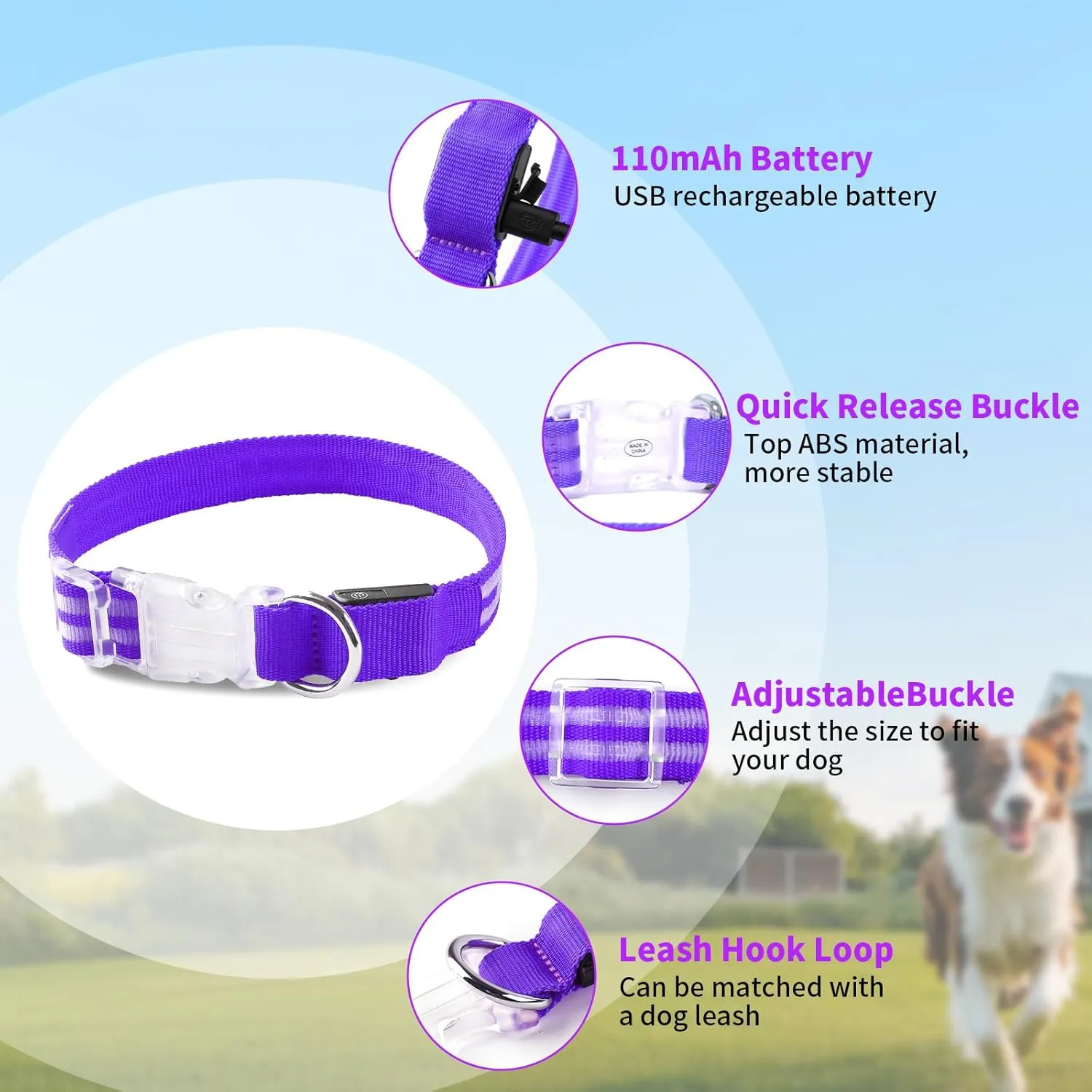 LED Dog Collar, USB Rechargeable Light Up Dog Collar, Adjustable Glowing Dog Collars, Comfortable Soft Collar for Small, Medium, Large Dogs Night Walking-Purple S