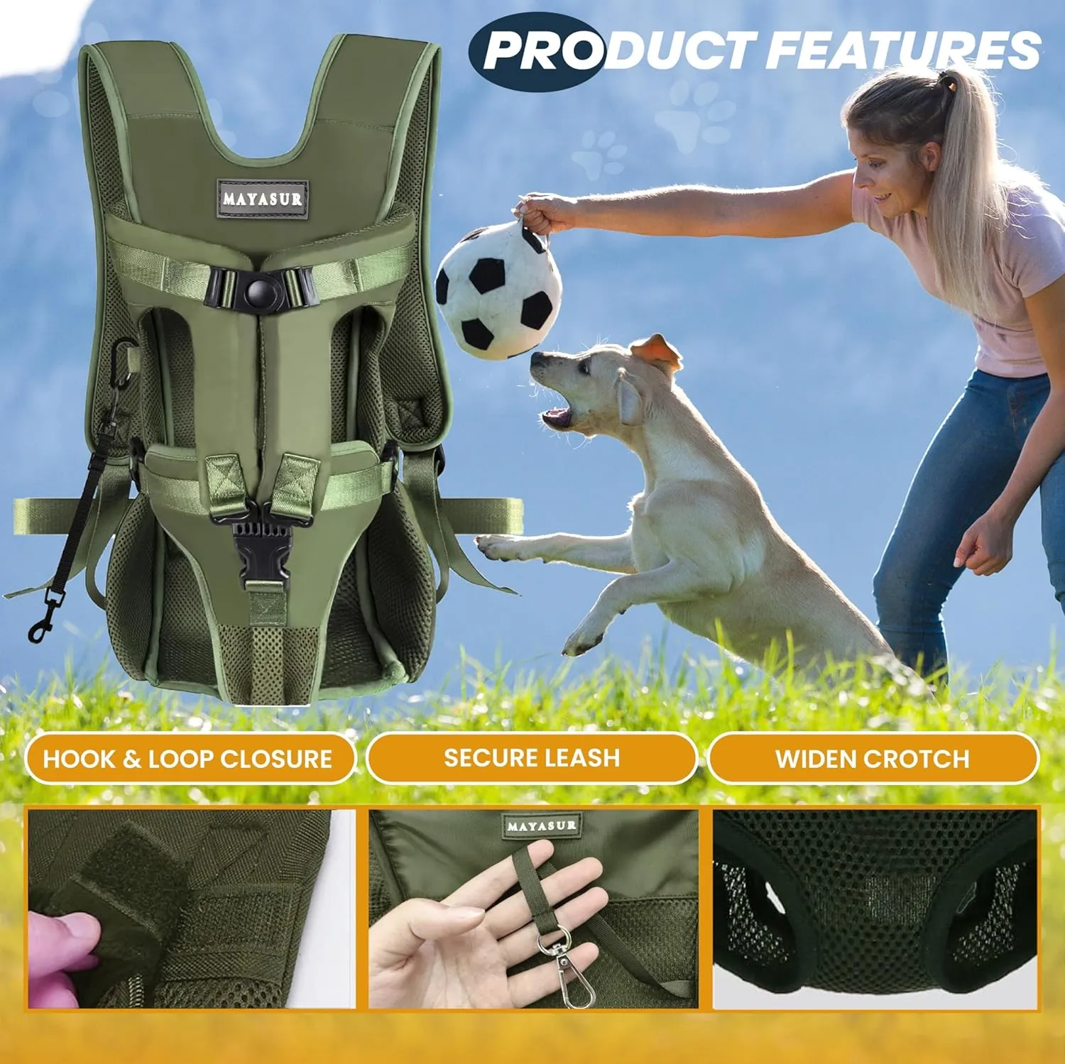 MAYASUR Pet Front Dog Carrier Backpacks, Adjustable Dog Backpack Carrier, Legs Out Easy-fit Dog Chest Carrier for Small to X Large Dogs, Dog Front Carrier for Hiking, Cycling (Army Green, Medium)