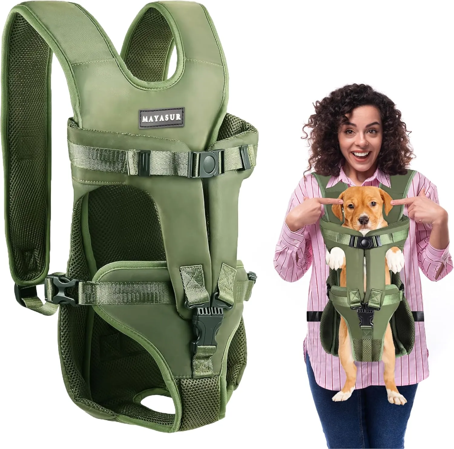 MAYASUR Pet Front Dog Carrier Backpacks, Adjustable Dog Backpack Carrier, Legs Out Easy-fit Dog Chest Carrier for Small to X Large Dogs, Dog Front Carrier for Hiking, Cycling (Army Green, Medium)