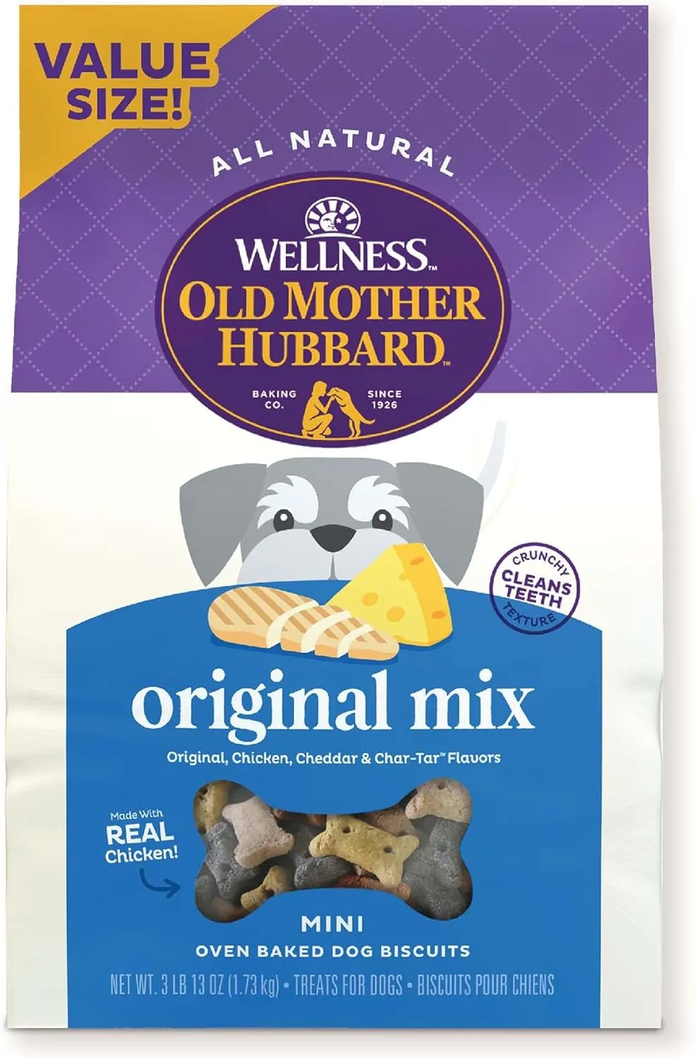 Old Mother Hubbard by Wellness Classic Original Mix Natural Dog Treats, Crunchy Oven-Baked Biscuits, Ideal for Training, Mini Size, 3.8 pound bag
