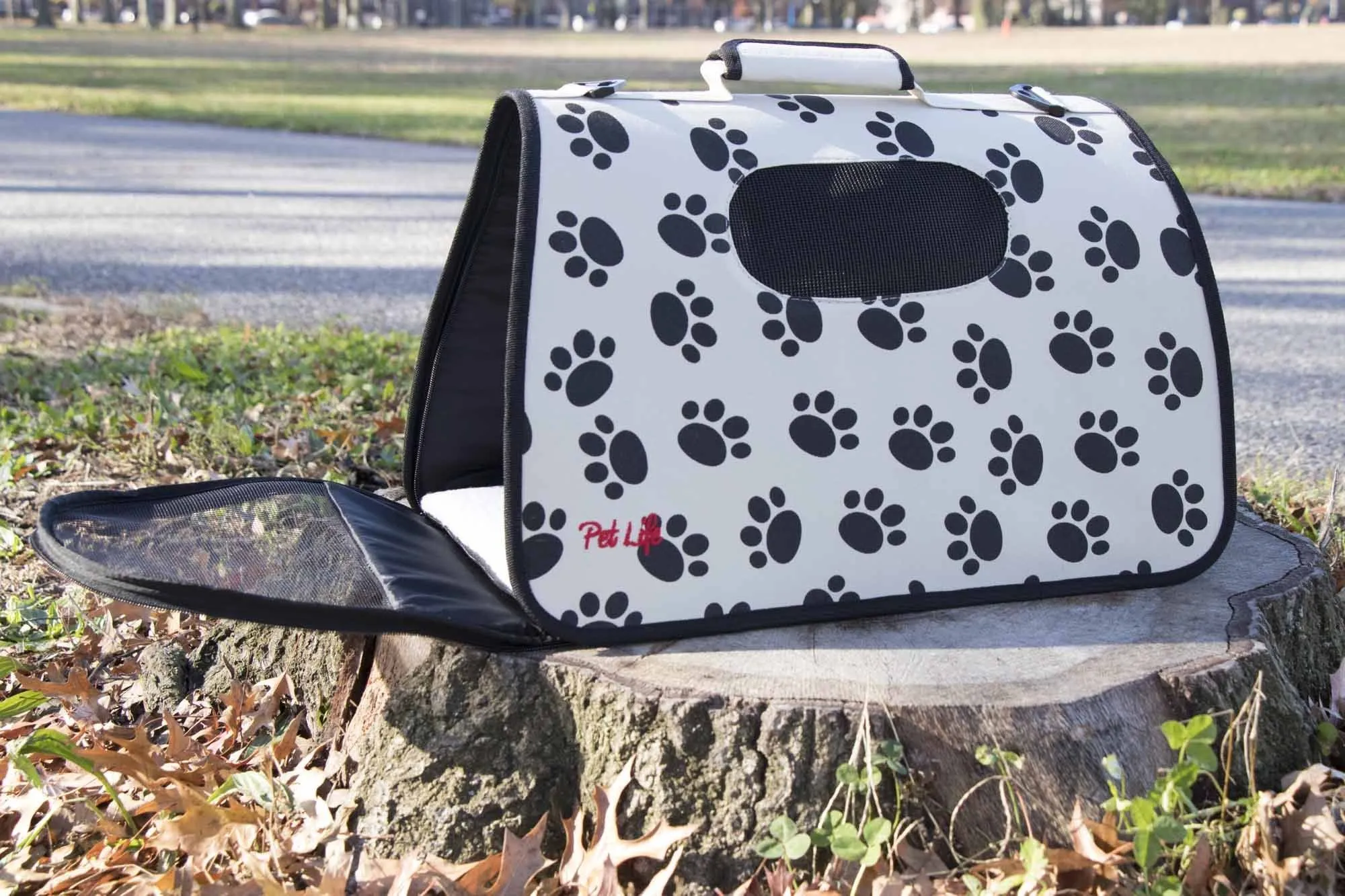 Pet Life ® Paw Patterned Airline Approved Zippered Folding Collapsible Travel Pet Dog Carrier