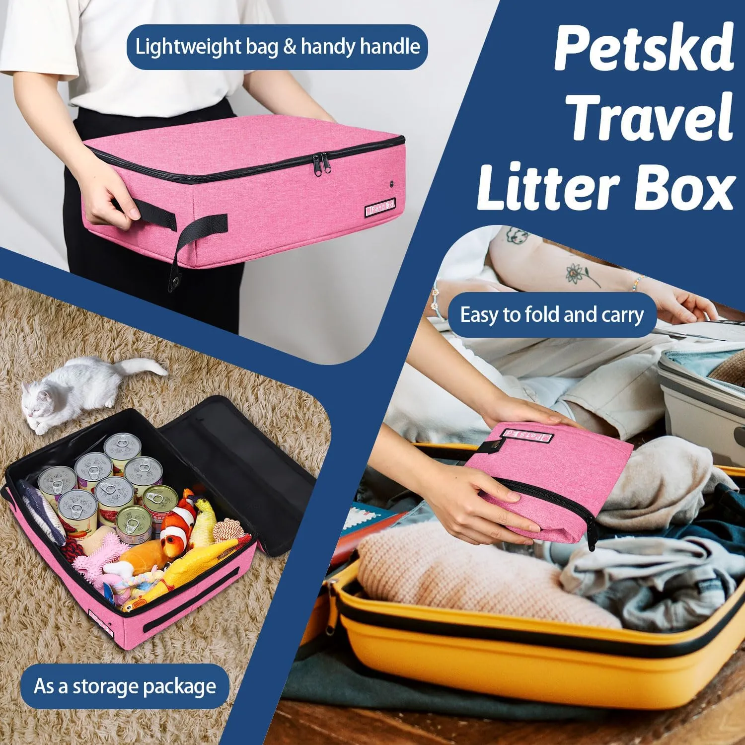 Petskd Portable Cat Travel Litter Box with Lid and 10 pcs Disposable Liner Bags, Leak-Proof and Collapsible, Cat Travel Essentials for Car, Hotel, Airplane and Other Outdoor Use(Pink)