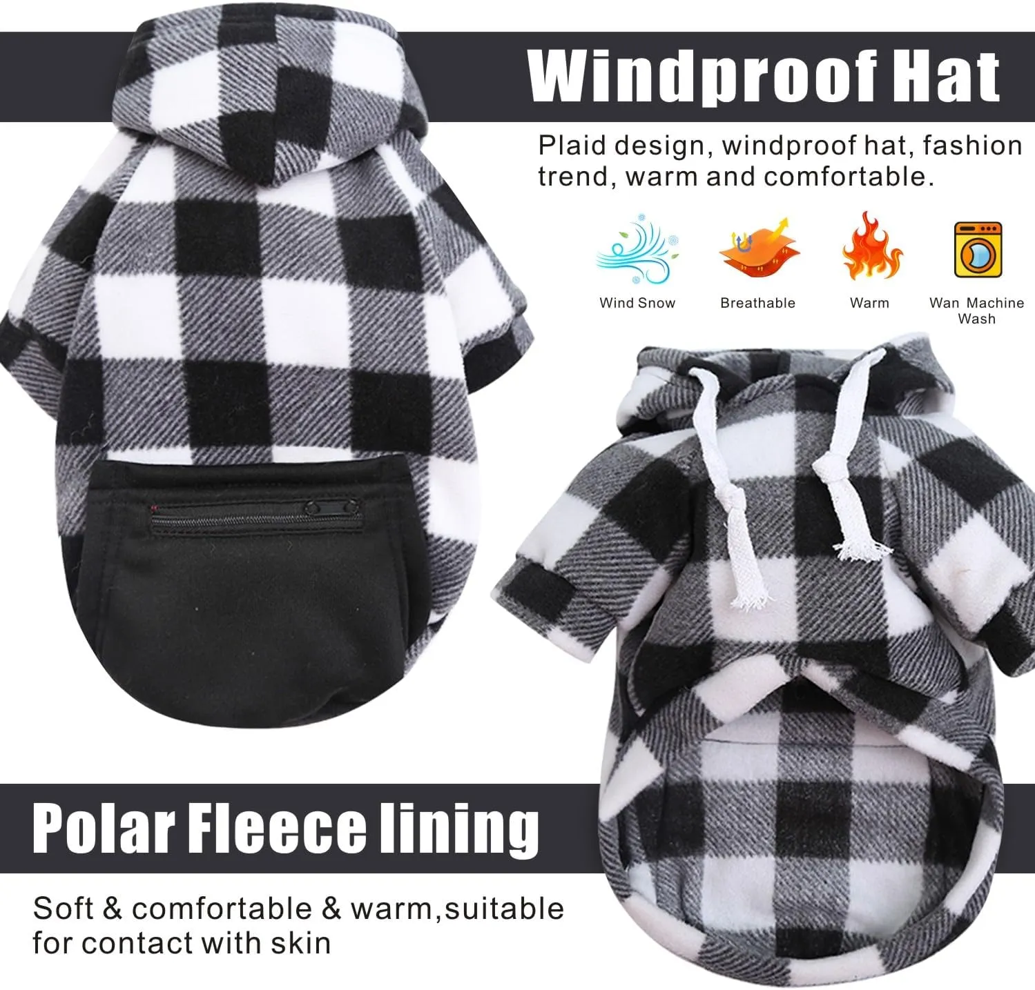 Plaid Dog Clothes Soft Brushed Fleece Hoodies for Puppy with Zipper Pocket Dog Winter Coat Cotton Sweatshirt Small - 4XL
