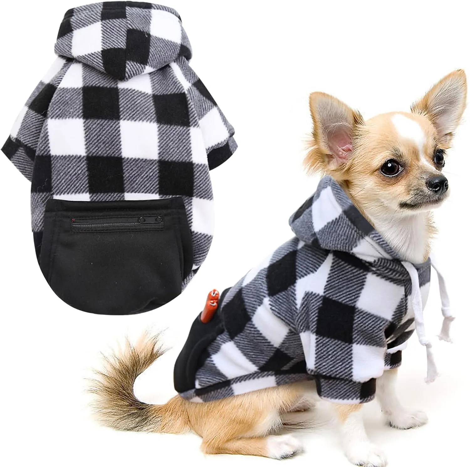 Plaid Dog Clothes Soft Brushed Fleece Hoodies for Puppy with Zipper Pocket Dog Winter Coat Cotton Sweatshirt Small - 4XL