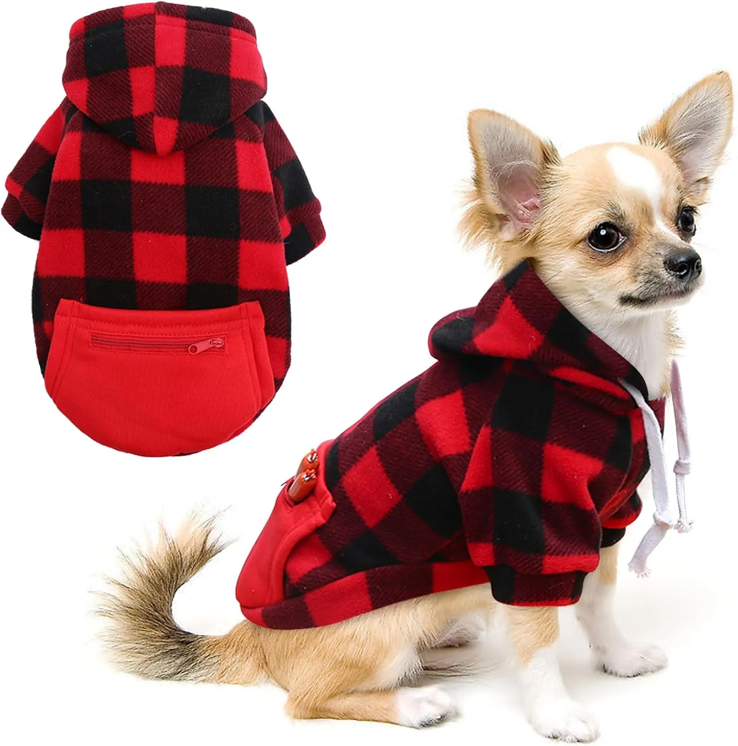 Plaid Dog Sweatshirt - Soft Brushed Fleece Hoodie with Zipper Pocket for Dogs Winter Coat - Cotton Pet Hoodie Small to 4XL