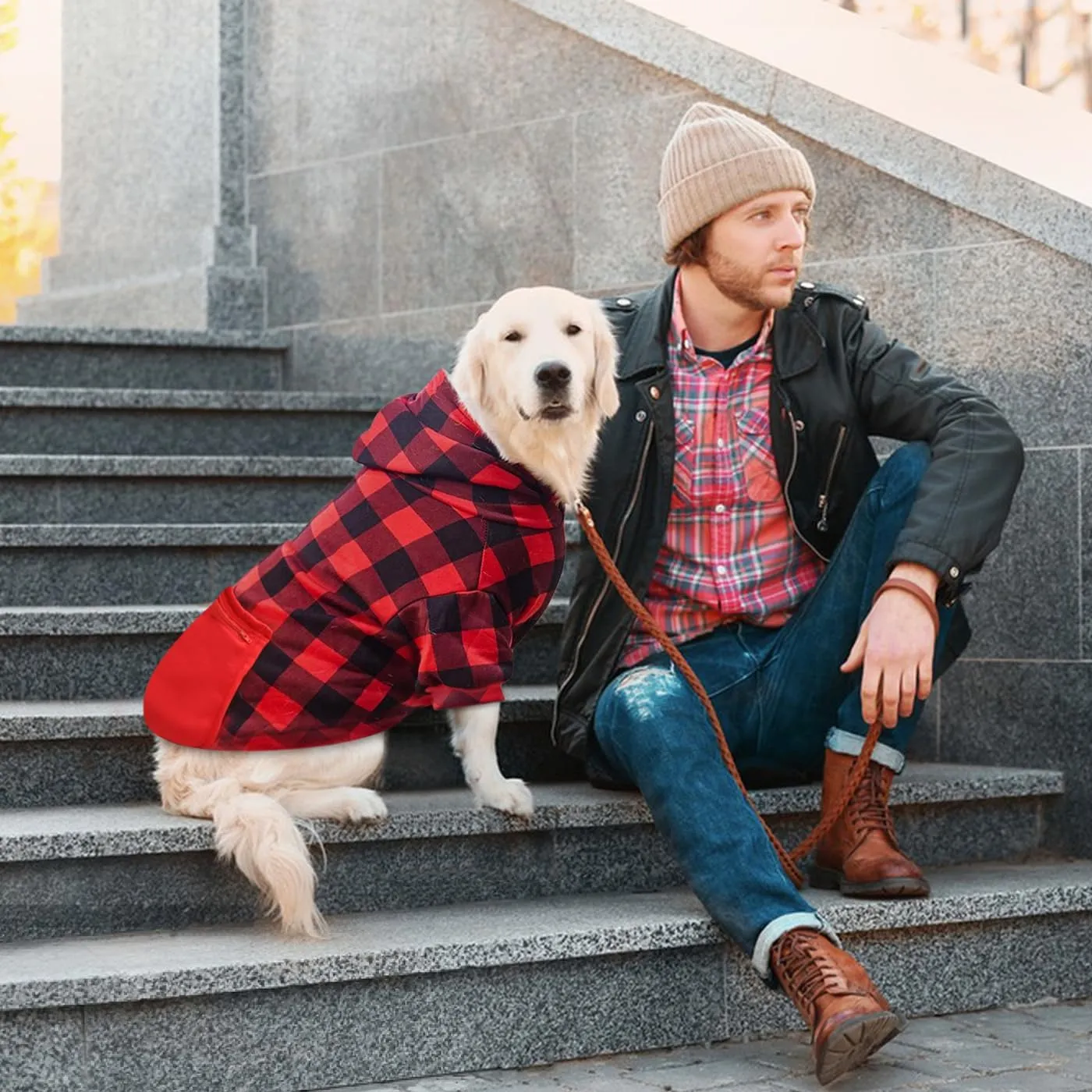 Plaid Dog Sweatshirt - Soft Brushed Fleece Hoodie with Zipper Pocket for Dogs Winter Coat - Cotton Pet Hoodie Small to 4XL