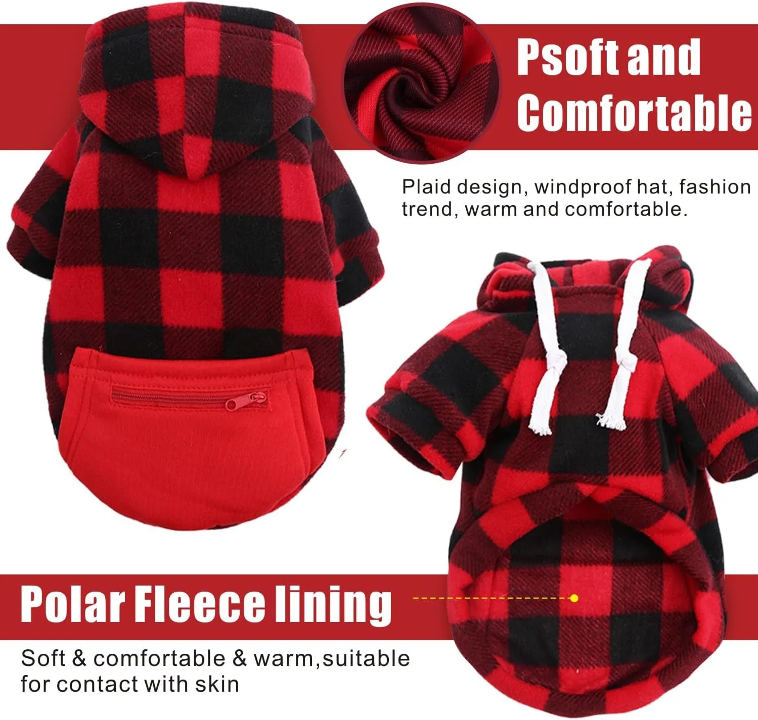 Plaid Dog Sweatshirt - Soft Brushed Fleece Hoodie with Zipper Pocket for Dogs Winter Coat - Cotton Pet Hoodie Small to 4XL