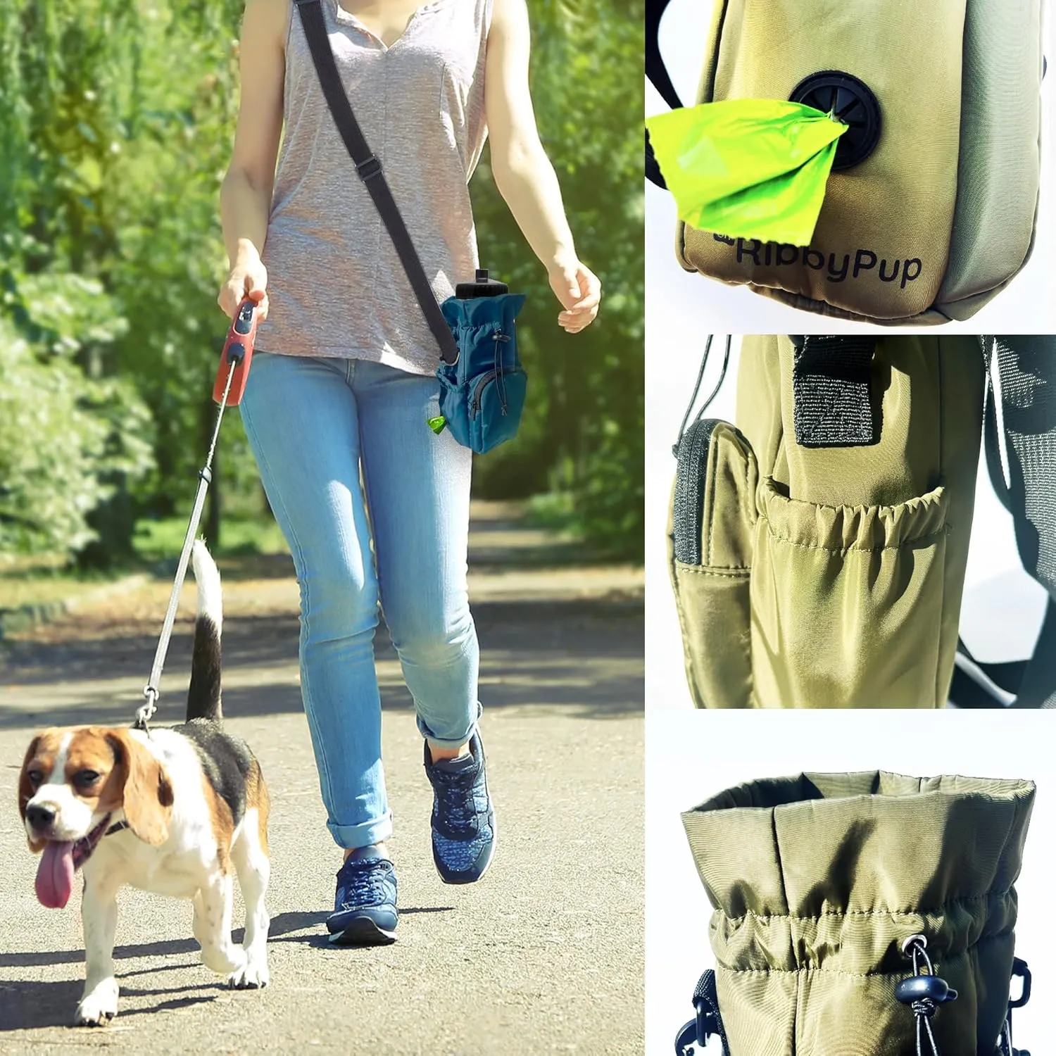 RibbyPup Waterproof Dog Walking Bag With Universal Water Bottle Holder, Built-In Poop Bag Dispenser, Unisex Cross Body Treat Pouch for Walking, Hiking, Training (Deep Teal)