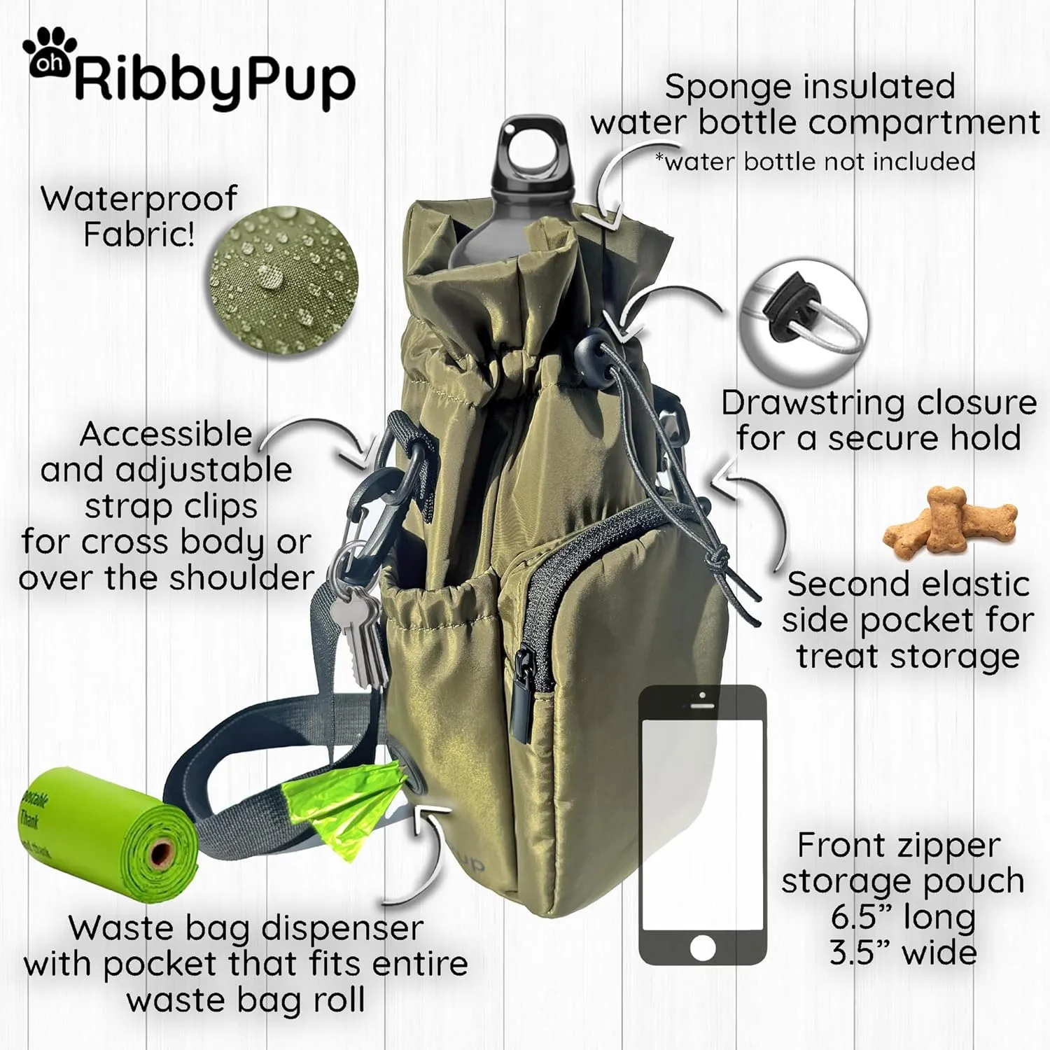 RibbyPup Waterproof Dog Walking Bag With Universal Water Bottle Holder, Built-In Poop Bag Dispenser, Unisex Cross Body Treat Pouch for Walking, Hiking, Training (Deep Teal)