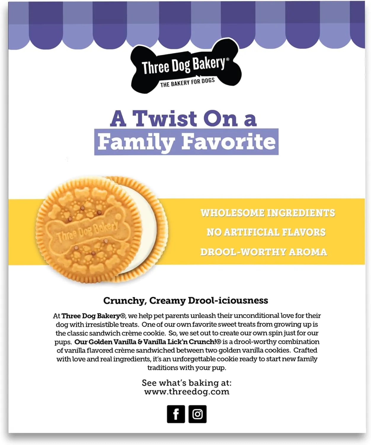 Three Dog Bakery Lick'n Crunch! Golden & Vanilla Dog Sandwich Cookies, 20 Count  Dog Treat Cookies, Puppy Cookies with Real Ingredients, Dog Birthday Cookies, Dog & Puppy Training Treats