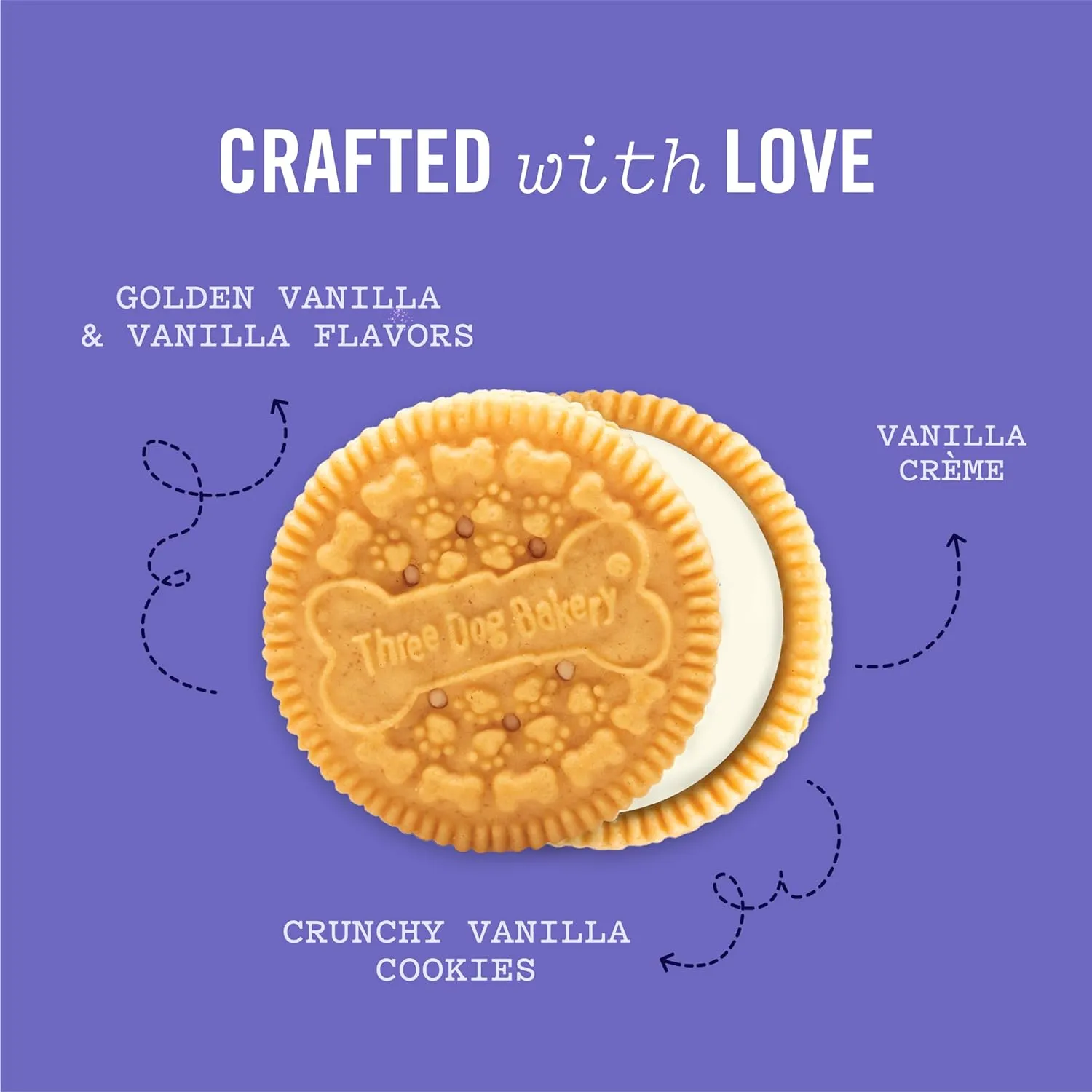 Three Dog Bakery Lick'n Crunch! Golden & Vanilla Dog Sandwich Cookies, 20 Count  Dog Treat Cookies, Puppy Cookies with Real Ingredients, Dog Birthday Cookies, Dog & Puppy Training Treats