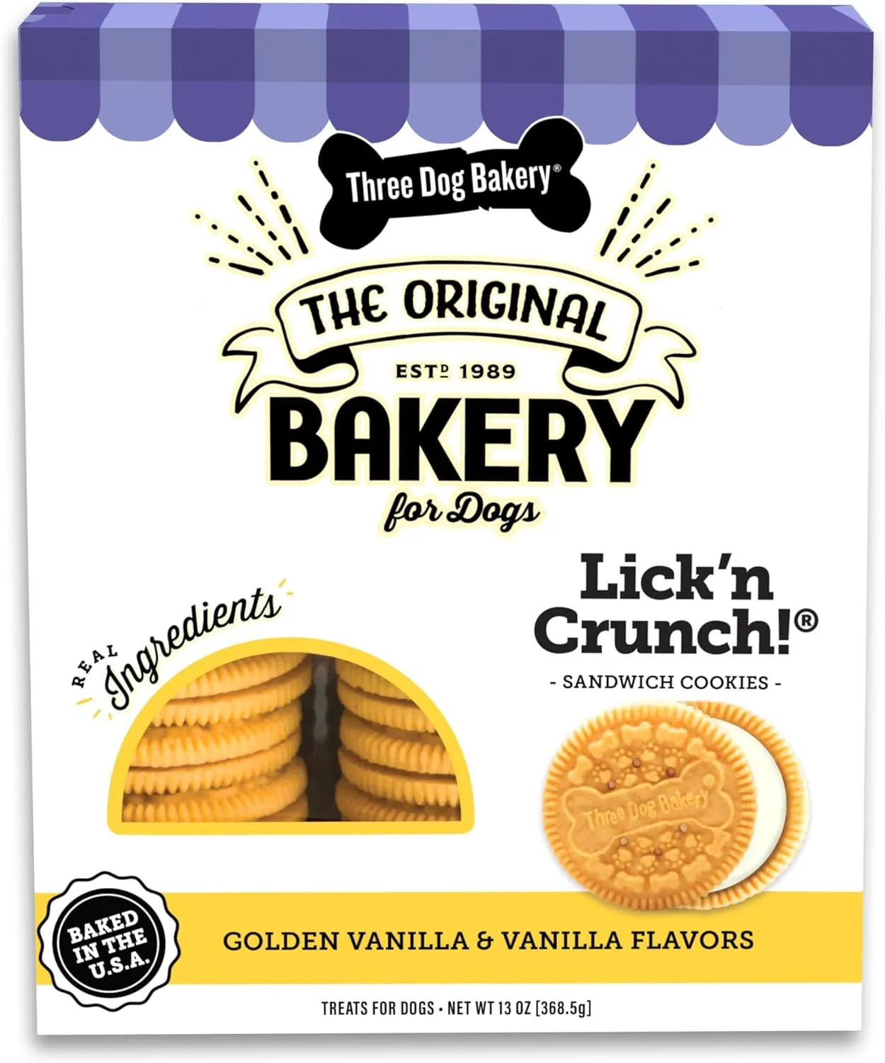 Three Dog Bakery Lick'n Crunch! Golden & Vanilla Dog Sandwich Cookies, 20 Count  Dog Treat Cookies, Puppy Cookies with Real Ingredients, Dog Birthday Cookies, Dog & Puppy Training Treats