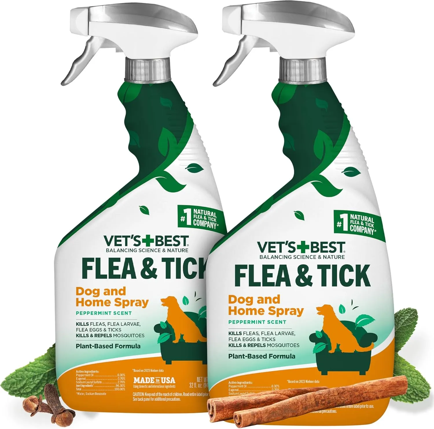 Vets Best Flea and Tick Home Spray  Plant-Based Flea and Tick Treatment for Dogs and Indoor Use  Natural Spray with Essential Oils for Pest Control in Home  32 oz Bottles, 2 Pack