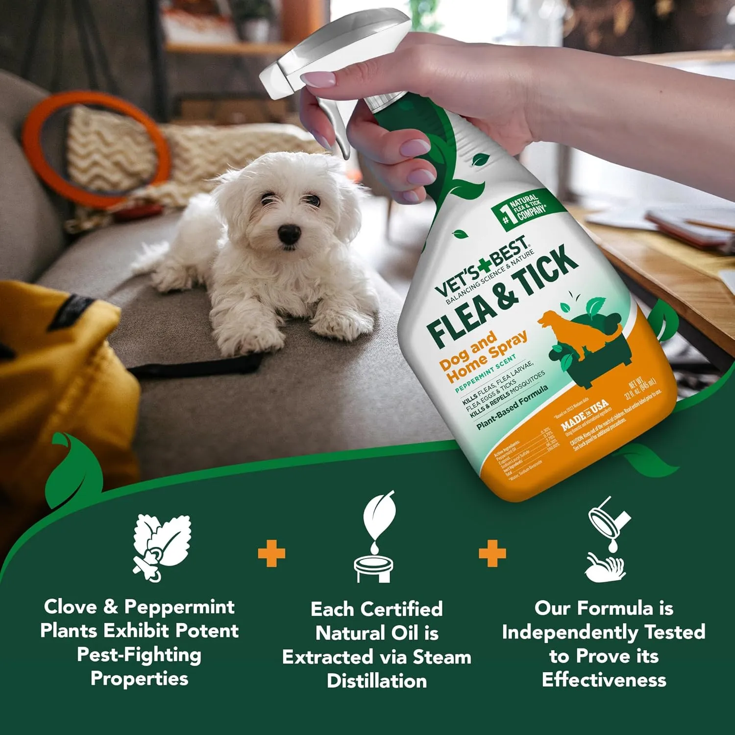 Vets Best Flea and Tick Home Spray  Plant-Based Flea and Tick Treatment for Dogs and Indoor Use  Natural Spray with Essential Oils for Pest Control in Home  32 oz Bottles, 2 Pack