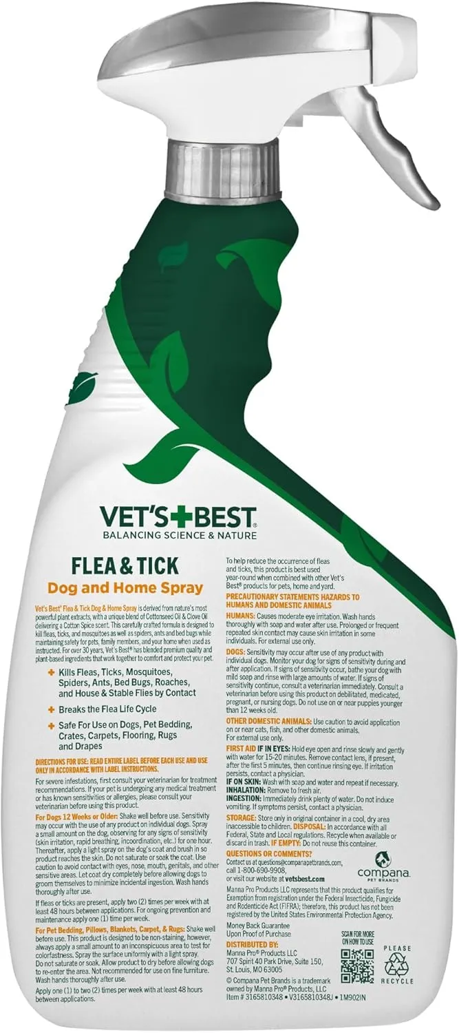 Vets Best Flea and Tick Home Spray  Plant-Based Flea and Tick Treatment for Dogs and Indoor Use  Natural Spray with Essential Oils for Pest Control in Home  32 oz Bottles, 2 Pack